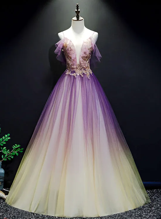 Purple and Yellow Gradient V-neckline Straps Tulle Evening Gown, Long Prom Dress Party Dress