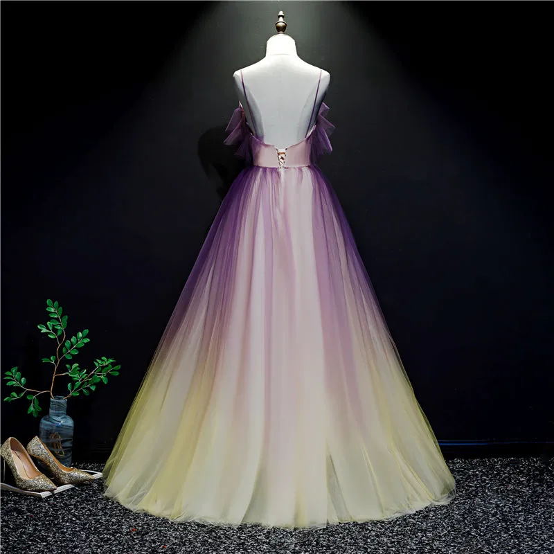 Purple and Yellow Gradient V-neckline Straps Tulle Evening Gown, Long Prom Dress Party Dress