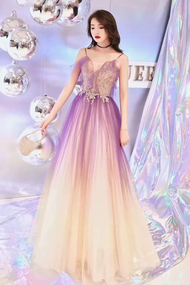 Purple and Yellow Gradient V-neckline Straps Tulle Evening Gown, Long Prom Dress Party Dress