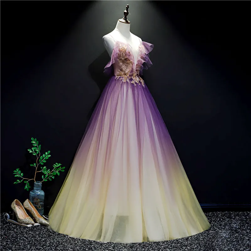 Purple and Yellow Gradient V-neckline Straps Tulle Evening Gown, Long Prom Dress Party Dress