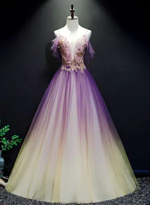 Purple and Yellow Gradient V-neckline Straps Tulle Evening Gown, Long Prom Dress Party Dress