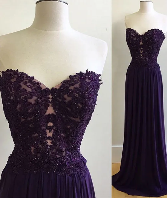 Purple chiffon lace long prom dress, purple evening dress