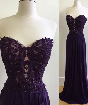 Purple chiffon lace long prom dress, purple evening dress