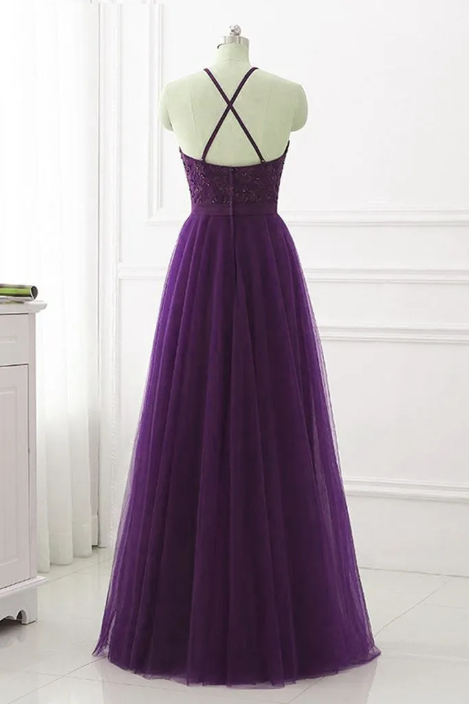 Purple Halter Tulle with Lace Applique Long Prom Dress, A-line Floor Length Party Dress