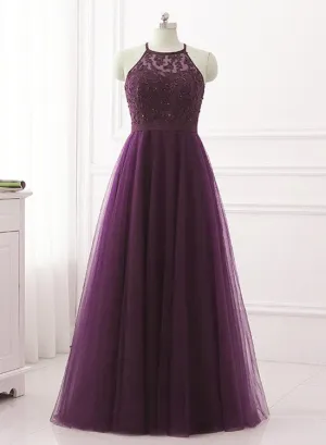 Purple Halter Tulle with Lace Applique Long Prom Dress, A-line Floor Length Party Dress