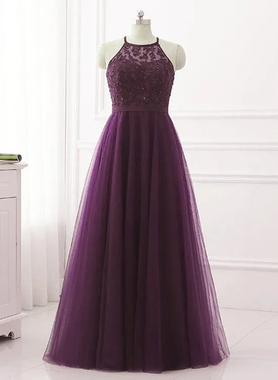 Purple Halter Tulle with Lace Applique Long Prom Dress, A-line Floor Length Party Dress