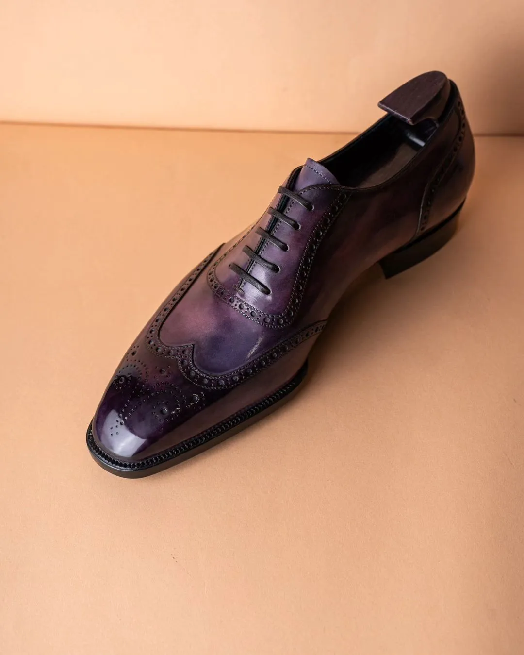 Purple Leather Isolde Brogue Patina Finish Wingtip Oxfords - Formal Shoes