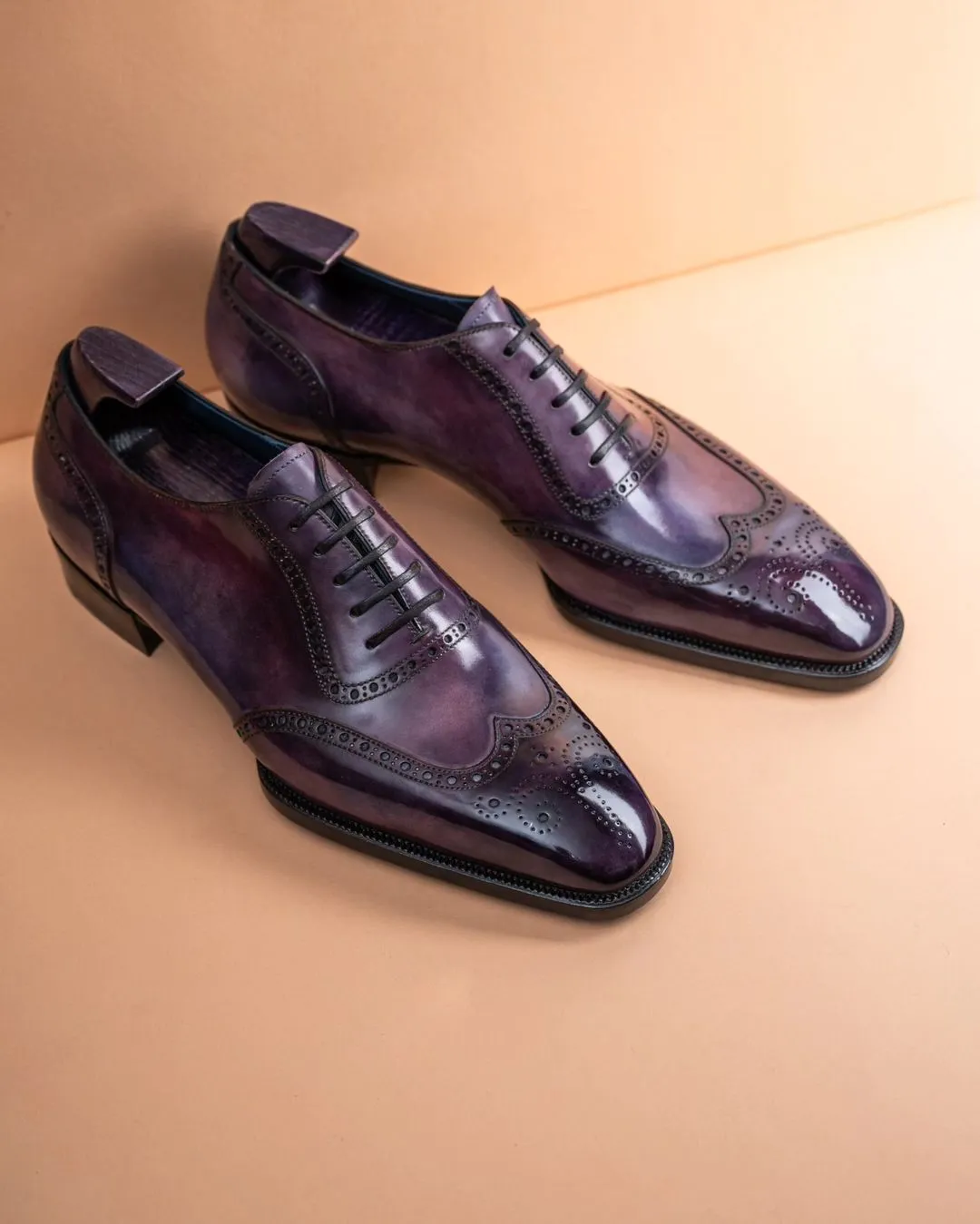 Purple Leather Isolde Brogue Patina Finish Wingtip Oxfords - Formal Shoes