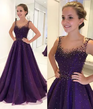 Purple round neck tulle beads long prom dress, purple evening dress