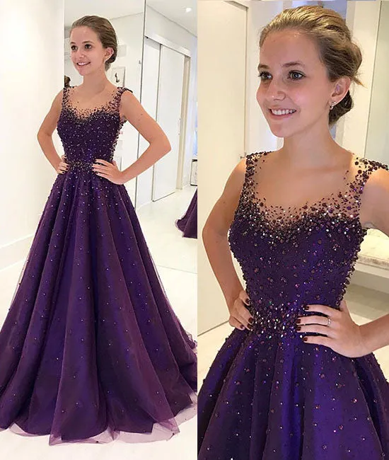 Purple round neck tulle beads long prom dress, purple evening dress