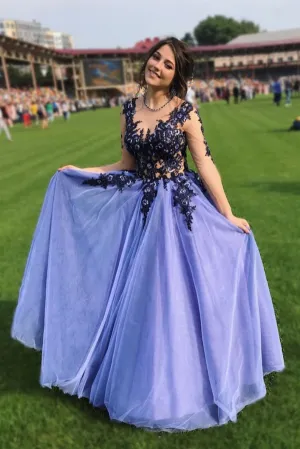 Purple tulle lace long prom dress purple lace evening dress