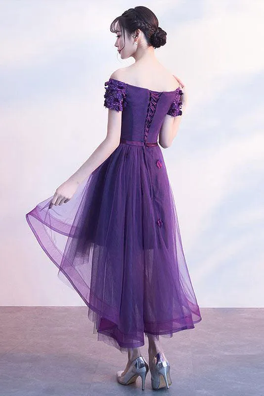 Purple tulle lace short prom dress, purple evening dress