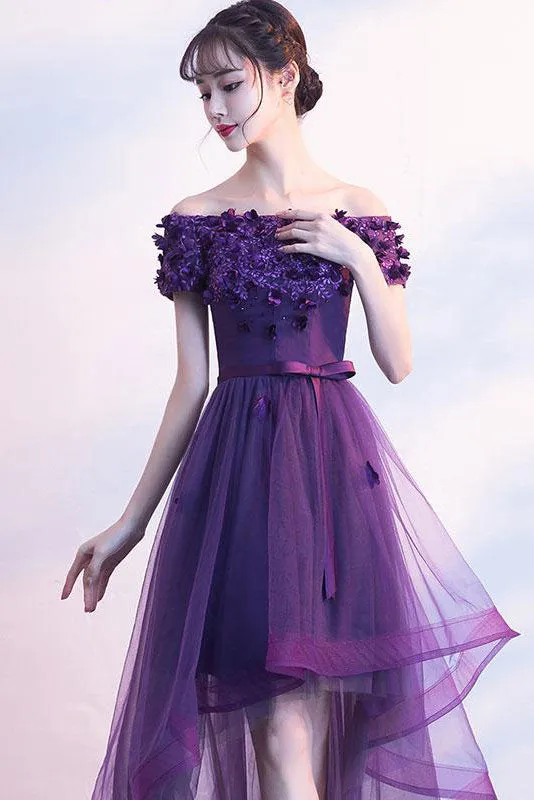 Purple tulle lace short prom dress, purple evening dress
