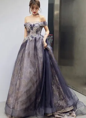 Purple Tulle Sweetheart with Flowers Long Formal Gown, A-line Off Shoulder Party Dress