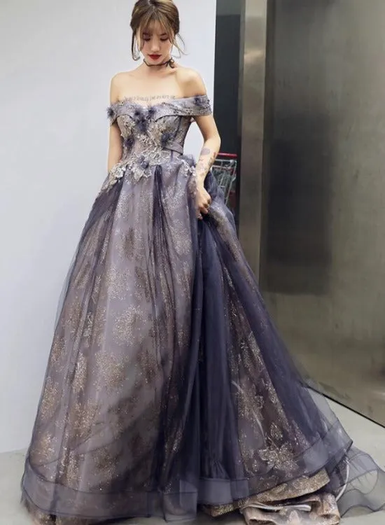 Purple Tulle Sweetheart with Flowers Long Formal Gown, A-line Off Shoulder Party Dress