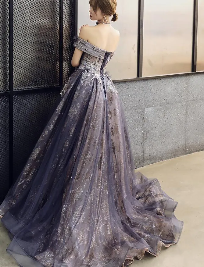 Purple Tulle Sweetheart with Flowers Long Formal Gown, A-line Off Shoulder Party Dress