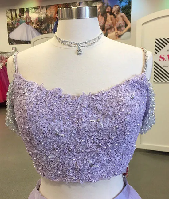 Purple tulle two pieces lace long prom dress, purple evening dress