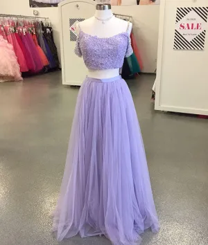 Purple tulle two pieces lace long prom dress, purple evening dress