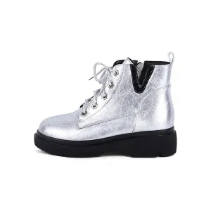 Quality Ankle Boots Fashion Silver Round Toe Zipper Shoes Woman Handmade Low Square Heels Casual Spring Boots