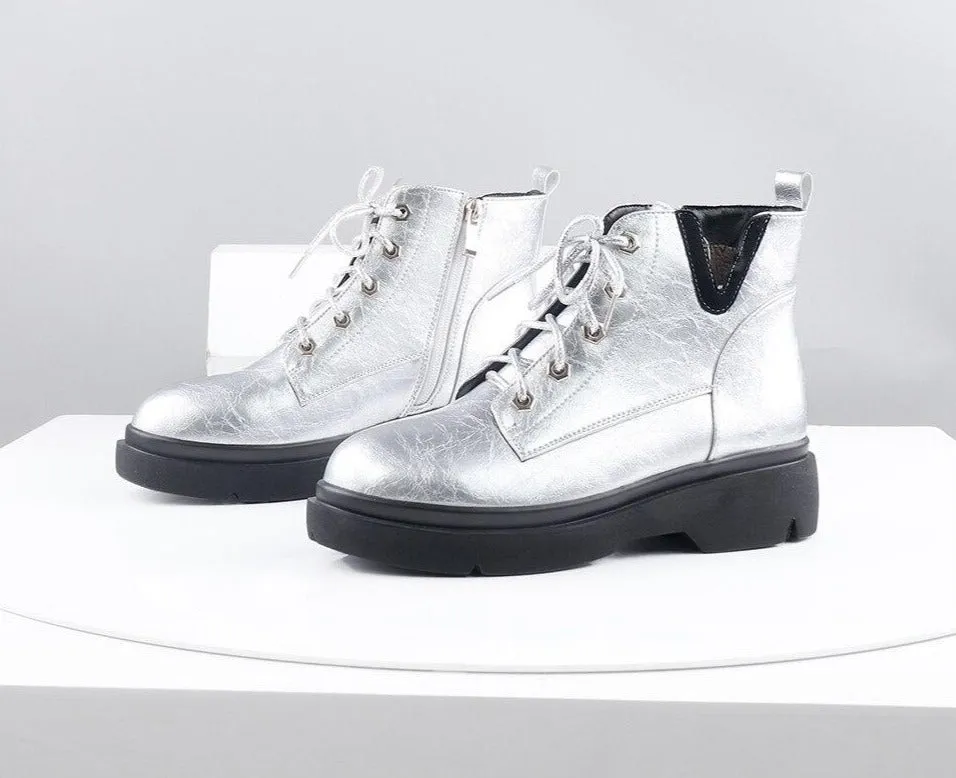 Quality Ankle Boots Fashion Silver Round Toe Zipper Shoes Woman Handmade Low Square Heels Casual Spring Boots