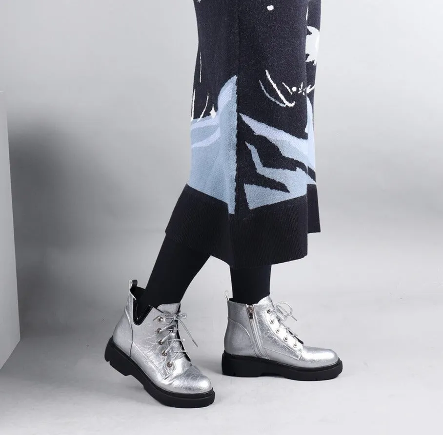 Quality Ankle Boots Fashion Silver Round Toe Zipper Shoes Woman Handmade Low Square Heels Casual Spring Boots