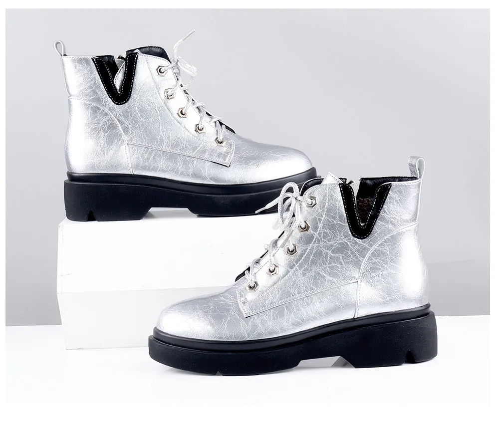 Quality Ankle Boots Fashion Silver Round Toe Zipper Shoes Woman Handmade Low Square Heels Casual Spring Boots