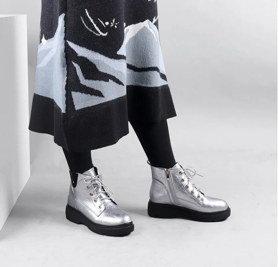 Quality Ankle Boots Fashion Silver Round Toe Zipper Shoes Woman Handmade Low Square Heels Casual Spring Boots