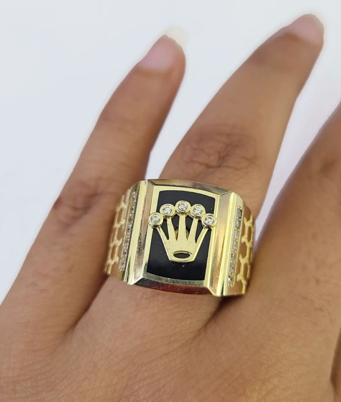 Real 10k Ring Crown Fancy Black Design Yellow Gold Men Casual 10kt