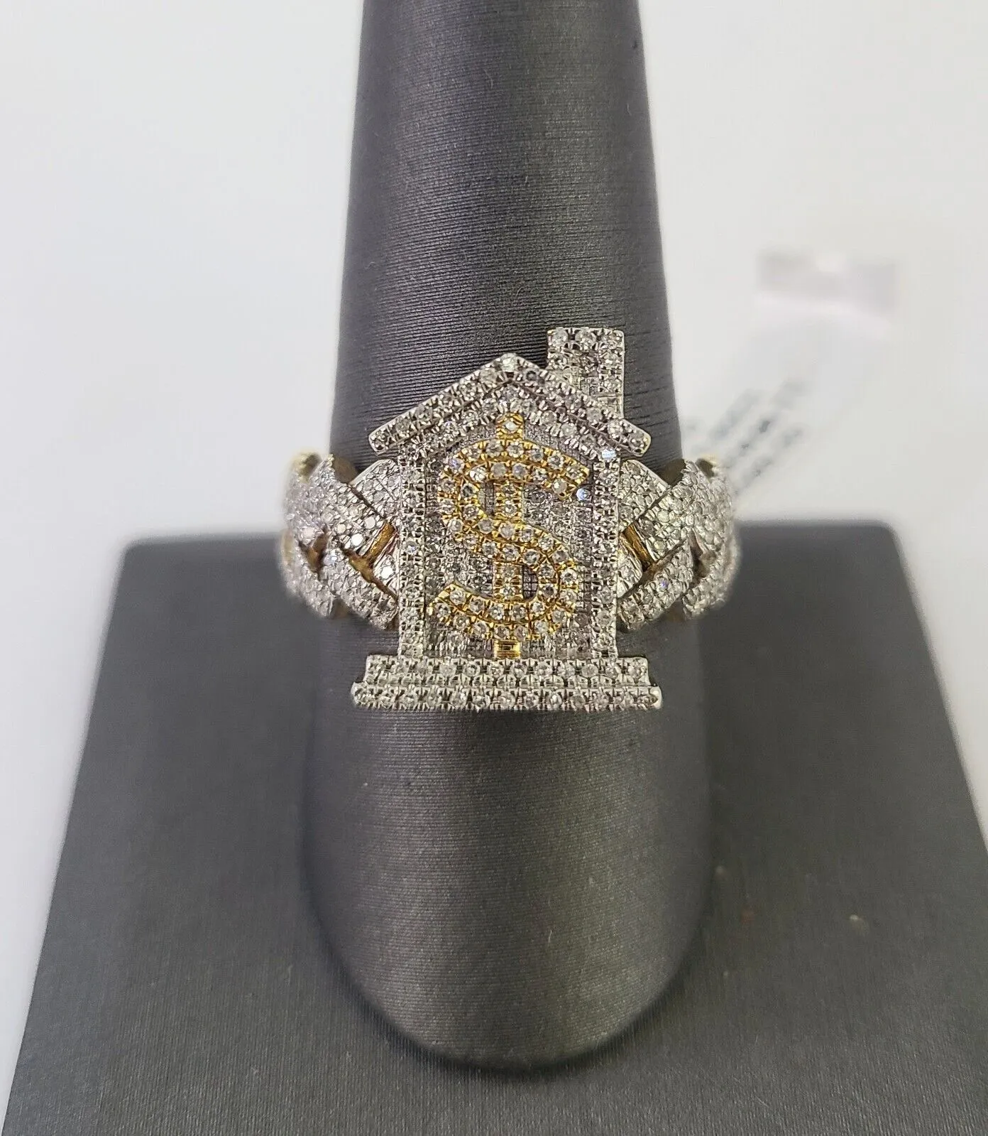 Real 10k Yellow Gold Diamond Mens Ring Trap House Band Casual Genuine Natural
