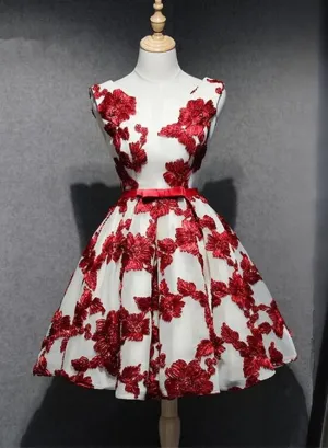 Red and White Short Homecoming Dress, Lace-up Back Party Dress, Pretty Formal Dress