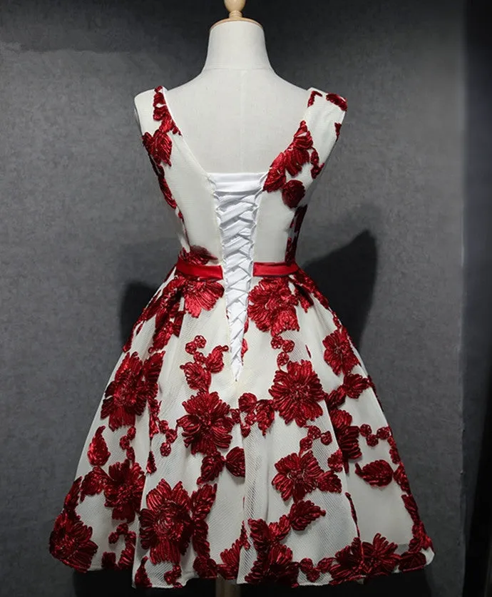 Red and White Short Homecoming Dress, Lace-up Back Party Dress, Pretty Formal Dress