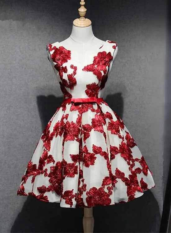 Red and White Short Homecoming Dress, Lace-up Back Party Dress, Pretty Formal Dress