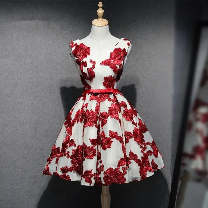 Red and White Short Homecoming Dress, Lace-up Back Party Dress, Pretty Formal Dress