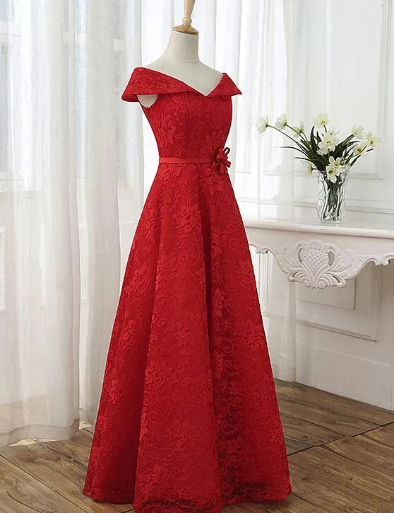 Red Cap Sleeves Lace Wedding Party Dress, Floor Length Formal Gowns, Prom Dresses