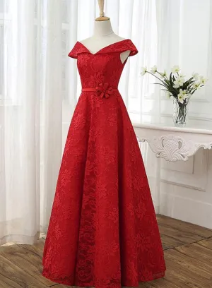 Red Cap Sleeves Lace Wedding Party Dress, Floor Length Formal Gowns, Prom Dresses