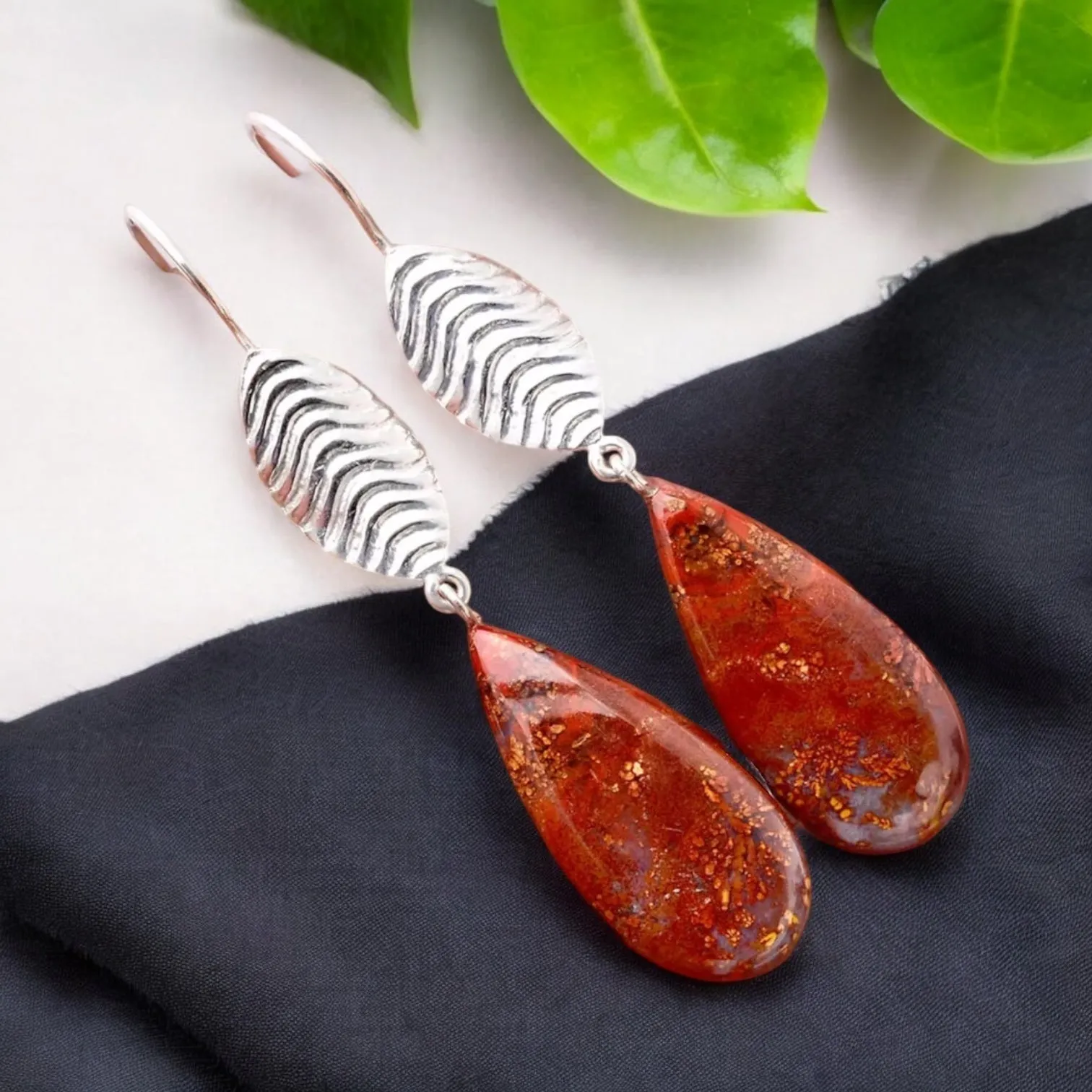 Red Moss Agate Solid 925 Sterling Silver Earrings