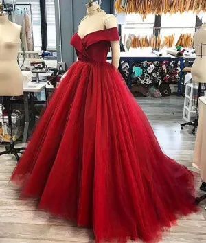 Red off shoulder tulle long prom dress, ted tulle long evening dress