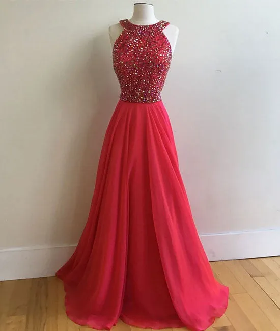 Red round neck long prom dress, red evening dress