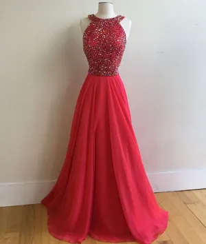Red round neck long prom dress, red evening dress