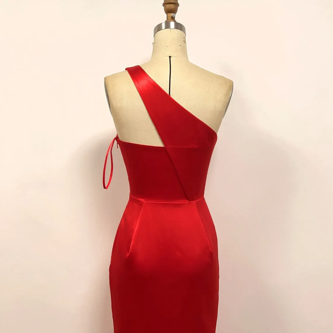 Red Satin Formal Dress One Shoulder Prom Dress with Slit