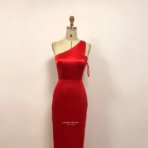 Red Satin Formal Dress One Shoulder Prom Dress with Slit