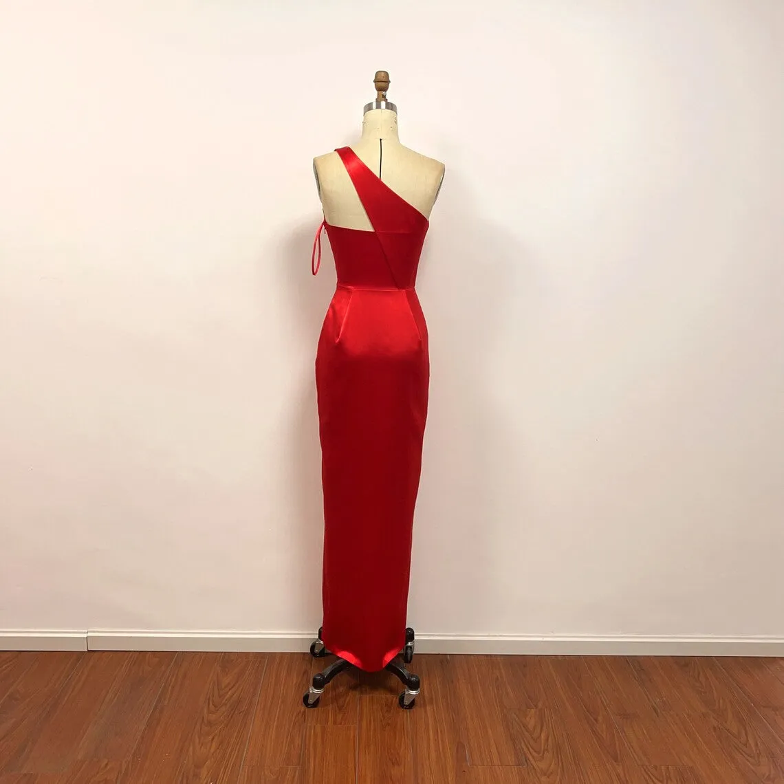 Red Satin Formal Dress One Shoulder Prom Dress with Slit