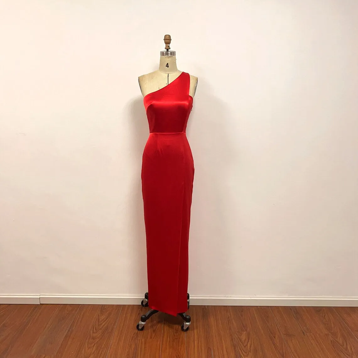 Red Satin Formal Dress One Shoulder Prom Dress with Slit
