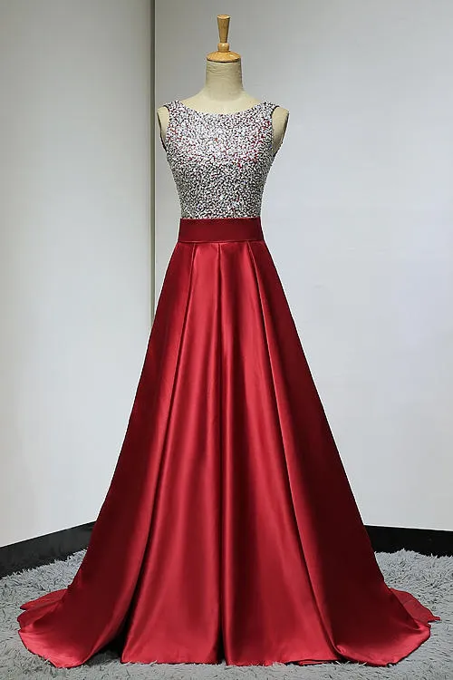 Red Sequins Satin Round Neckline Backless Long Prom Dress, Red Formal Dress