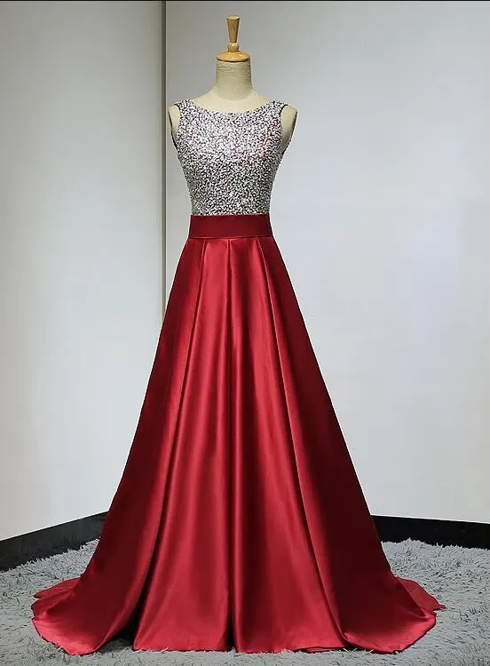 Red Sequins Satin Round Neckline Backless Long Prom Dress, Red Formal Dress