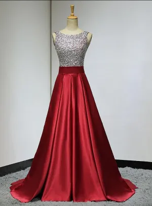 Red Sequins Satin Round Neckline Backless Long Prom Dress, Red Formal Dress