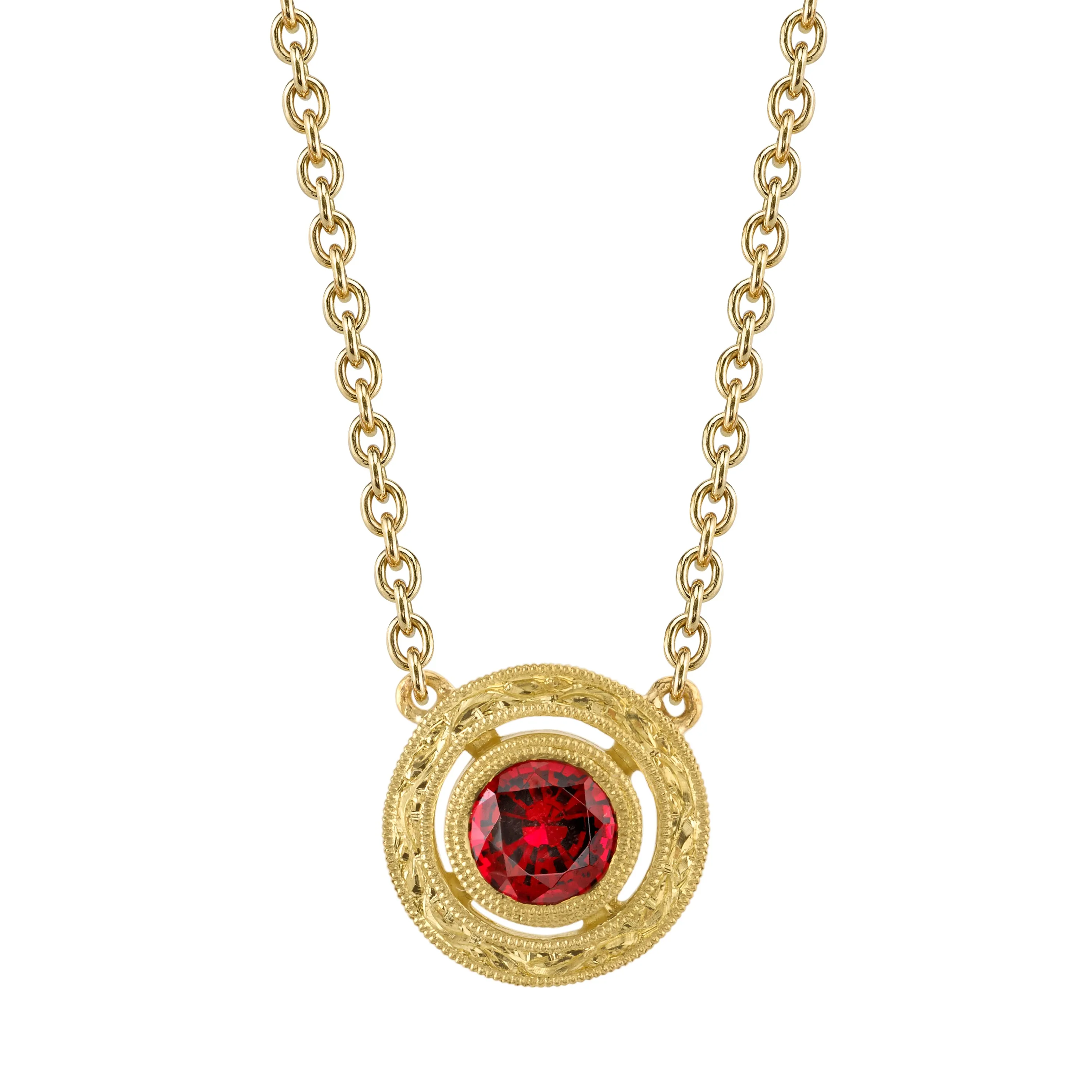 Red Spinel Yellow Gold Halo Engraved Handmade Bezel, Round Pendant Necklace