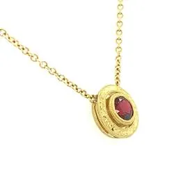 Red Spinel Yellow Gold Halo Engraved Handmade Bezel, Round Pendant Necklace