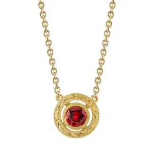 Red Spinel Yellow Gold Halo Engraved Handmade Bezel, Round Pendant Necklace