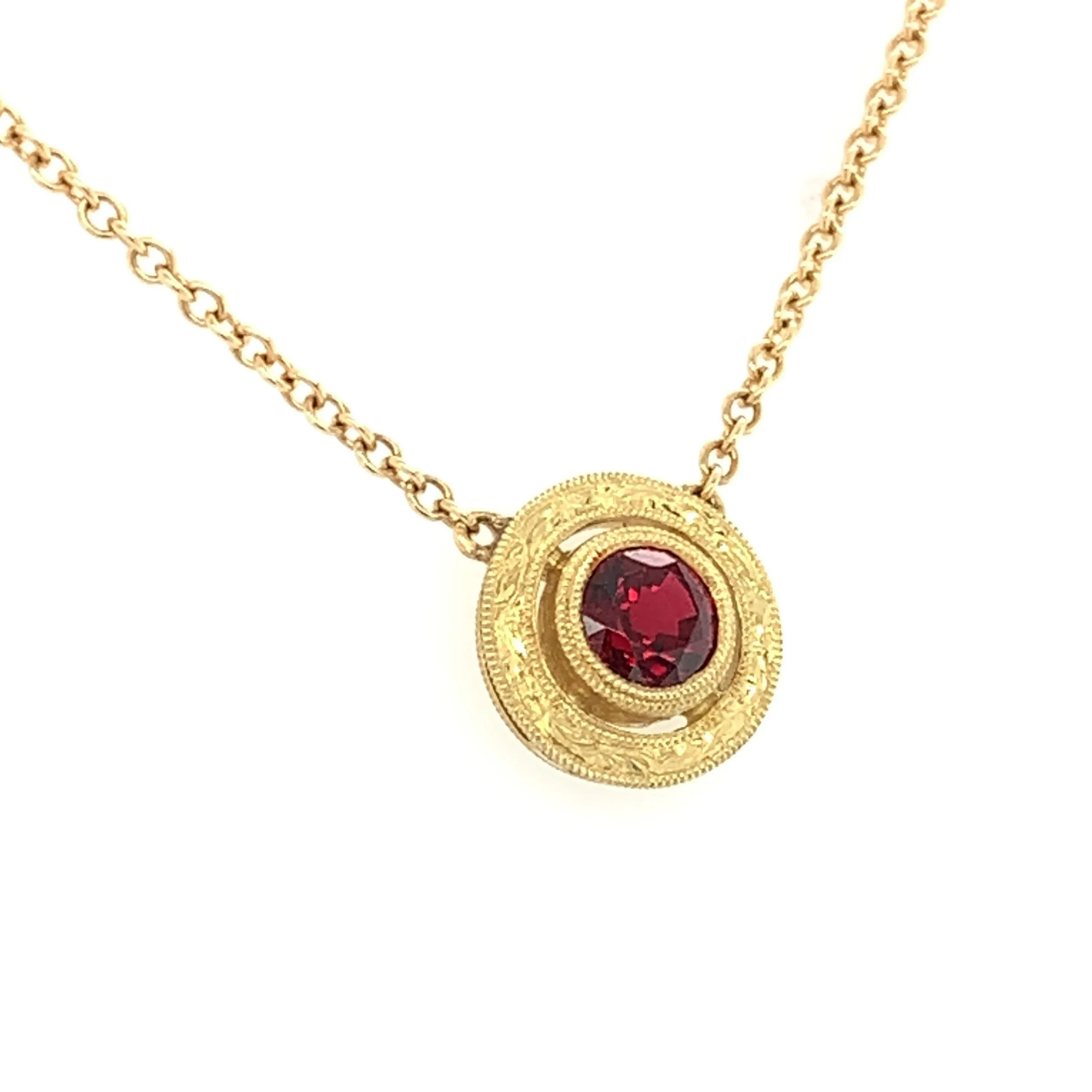 Red Spinel Yellow Gold Halo Engraved Handmade Bezel, Round Pendant Necklace